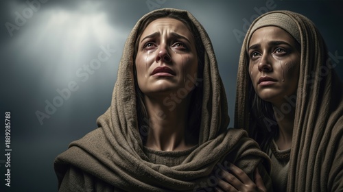A biblical scene of two holy women crying in sorrow and despair. Mary mourning the crucifixion of Jesus Christ.