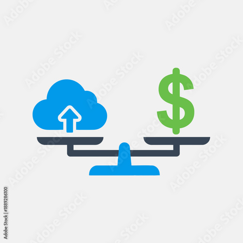 Cloud upload icon balanced with a dollar sign on a seesaw.