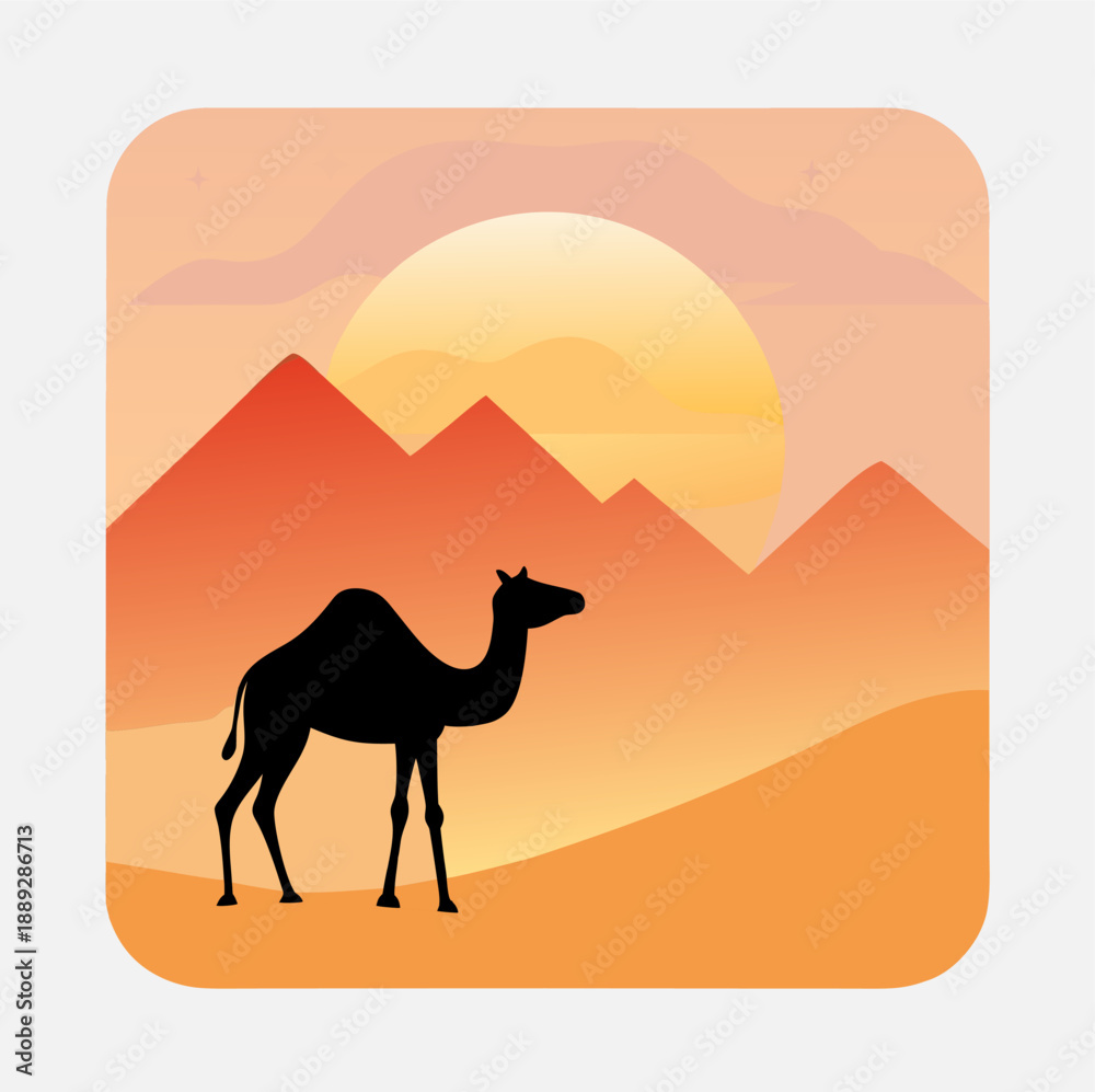 Fototapeta premium Desert Camel Sunset Landscape Illustration