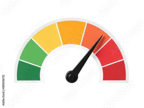A close-up shot of an analog meter with a color-coded scale displaying red, green, yellow, and red values