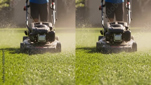 Person mowing lush green grass with a lawnmower, creating a neat lawn