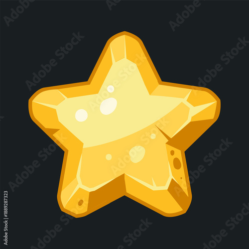 Cartoon golden star button. Gold stone frame or button, gravel rock gambling plate, golden rock stone sign flat vector illustration. Star button on white