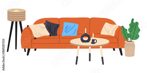 Comfy couch and coffee table. Cartoon living room interior, minimalist home decor flat vector illustration. Trendy contemporary interior