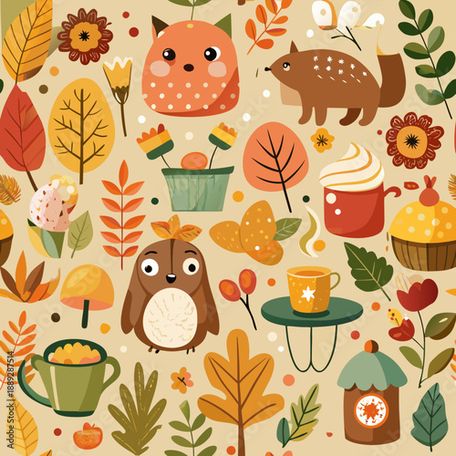 Colorful fall-themed shapes with animals, plants, and food in a playful design for seasonal decor and fun activities Generative AI