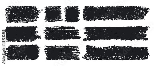 Grunge texture сharcoal brushes. Charcoal pencil strokes, hand drawn doodle rough charcoal brushes flat vector illustration set. Black chalk textures strokes on white background