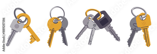 Key bunches. Simple apartment or house door keys, door key bunches flat vector illustration set. Cartoon real estate property keys on white