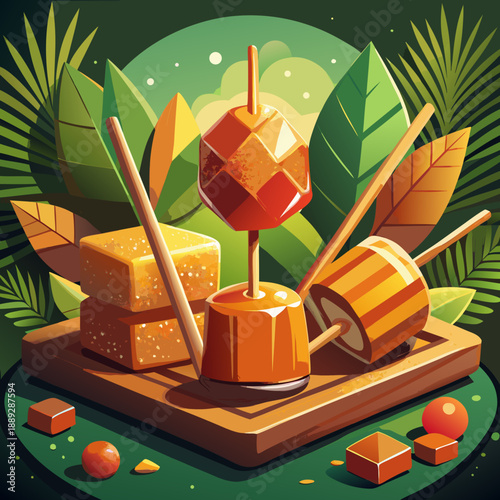 Colorful sweets and treats on a wooden platter surrounded by green leaves in a bright setting Generative AI