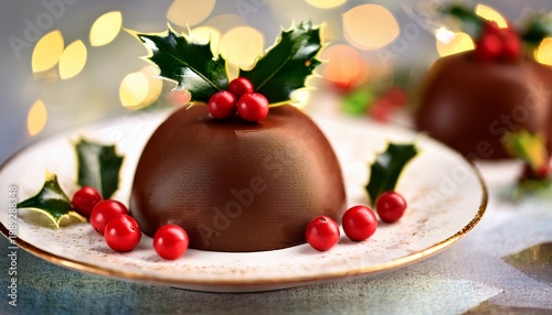 Chocolate Dessert Decorated With Holly And Berries Perfect For Festive Celebrations During Winter Holidays