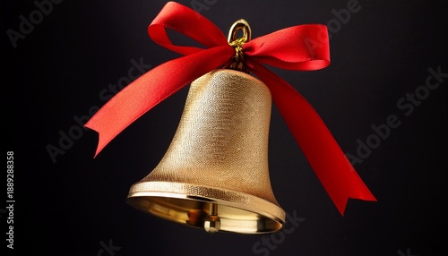 Golden Christmas Bell Tied With Red Ribbon On Black Background Holiday