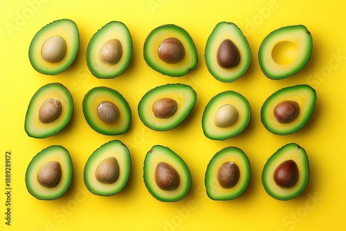Avocado top view. Vegetables on yellow background. Green avocado with a stone