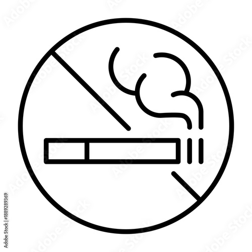 No smoking sign outline icon. Prohibition symbol with cigarette and smoke. Smoking forbidden notice for public places. Tobacco restriction and safety warning line sign. Indoor area no smoking rule.