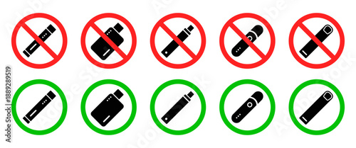 Vaping sign icon set. No vaping and vaping allowed symbols with electronic cigarette devices. Prohibition and permission signs for public places. Electronic cigarette use rules and regulations.
