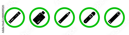 Vaping allowed sign icon set. Permission signs with electronic cigarette symbol. Designated vaping area notices for public places. E cigarette use information signs for indoor areas and buildings.