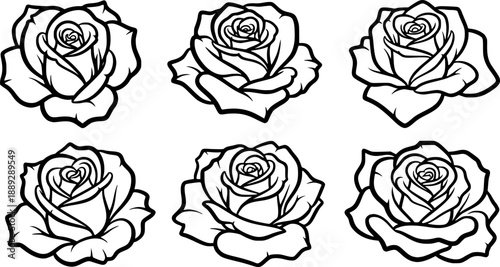 Six stylized rose outlines against a white background.
