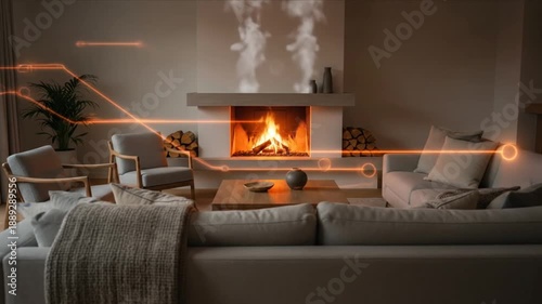 Cozy living room with fireplace, modern furniture, and warm ambient light