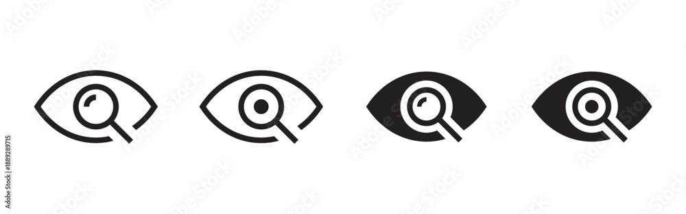 Fototapeta premium Eye search icon. View and visibility symbol with magnifying glass. Watching, scanning and visual inspection concept for user interface and navigation systems. UI element for search and content viewing