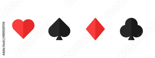 Playing card suit icons. Heart, spade, diamond and club symbols in flat style. Classic casino and poker signs for card games, gambling interfaces, betting design and gaming graphics.