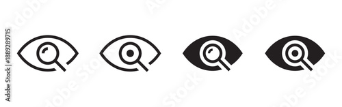 Eye search icon. View and visibility symbol with magnifying glass. Watching, scanning and visual inspection concept for user interface and navigation systems. UI element for search and content viewing