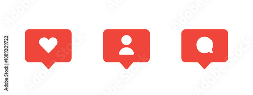 Social media notification icon set with message bubbles. Like heart, user profile and comment symbols for interface design, UI UX elements, alerts and feedback in social networks and mobile apps.