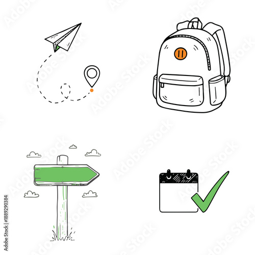 Sketch illustrations of travel items including backpack, airplane, and signpost  