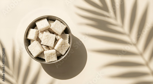 a bowl of coconut pieces standing out against a soft background, casting artistic shadows that evoke a feeling of calm and purity.