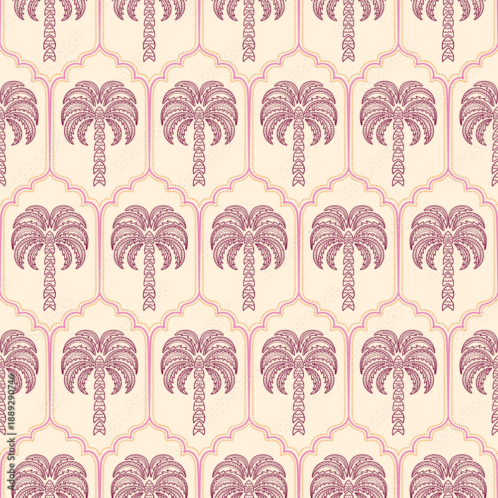 Fototapeta premium Damask hand drawn palm tree seamless pattern. Tropical boho print, Hawaiian ethnic print, summer beach textile design, fabric, wallpaper, repeat background. Vector illustration in Arabic style.