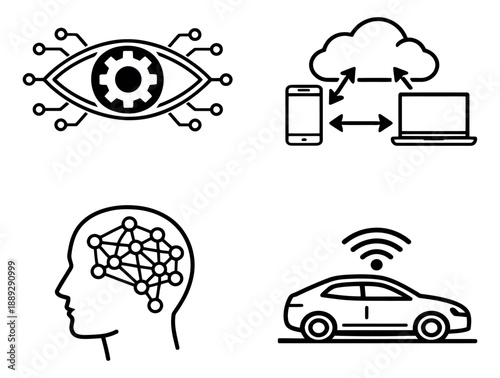 Line art technology icon set featuring vision, cloud computing, machine learning, and autonomous driving concepts for digital innovation