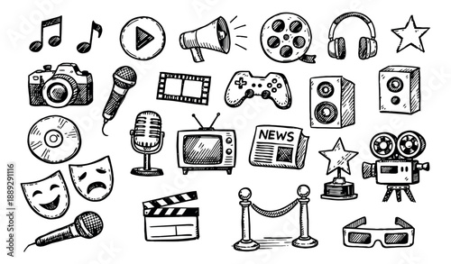 Hand drawn line art entertainment and communication set featuring film, music, theatre, gaming, and news symbols for design projects