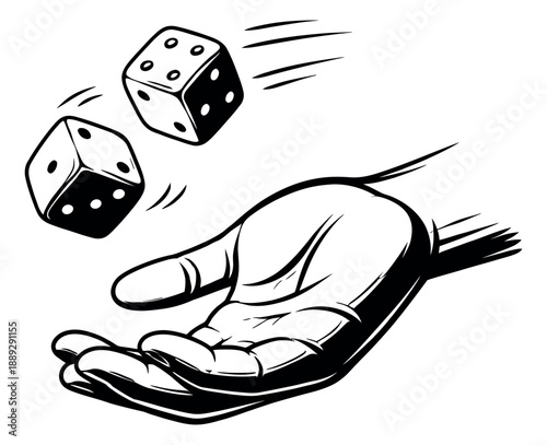 Line art illustration of a hand throwing dice depicting a game of chance for gambling and entertainment