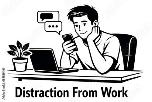 Graphic line art illustration of a young man depicting smartphone distraction for a work productivity concept