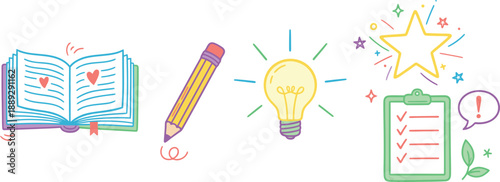 Hand drawn doodle education supplies and ideas illustration for classroom decor and learning materials.