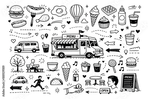 Hand drawn line art food truck and street food elements set featuring fast food, desserts, drinks, and people for outdoor dining