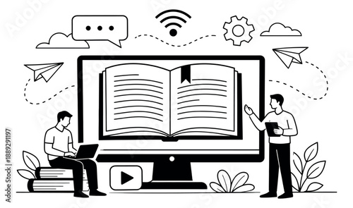 Line art illustration of online education depicting two men studying with digital tools for remote learning and knowledge access