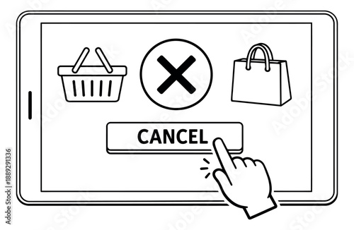 Line art illustration of online order cancellation depicting a hand clicking a cancel button on a tablet display for digital commerce