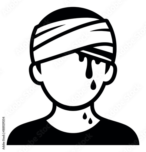 Line art illustration of an injured person depicting a bandaged head and blood for medical concepts