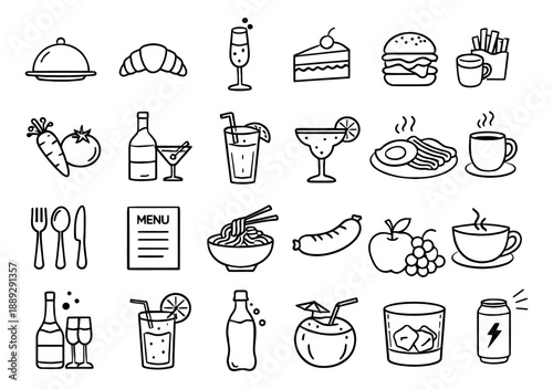 Hand drawn line art food and drink set featuring various dishes, beverages, and utensils for restaurant menus
