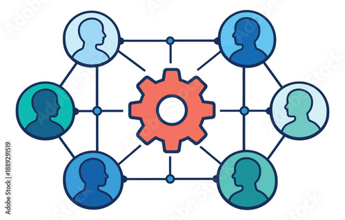 Line art illustration of a collaborative network with a central gear depicting teamwork and system optimization for business operations