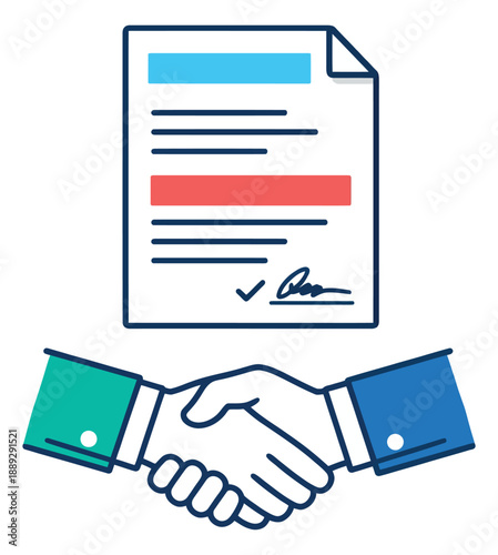 Line art business agreement set featuring a signed contract and a handshake for partnership deals