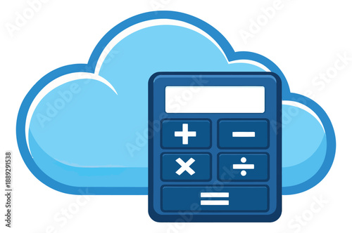 Digital illustration of a calculator and cloud depicting financial computation for online services