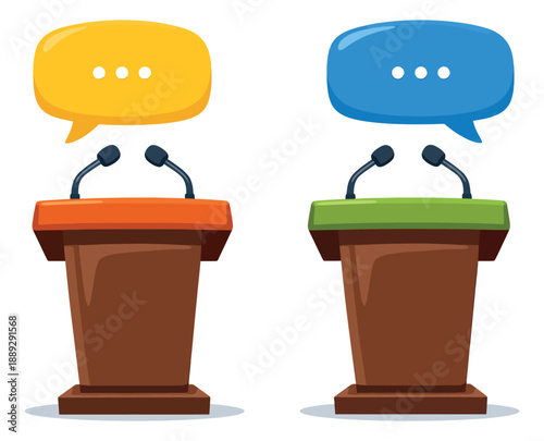 Cartoon debate podiums set featuring microphones and colorful speech bubbles for public speaking and debate