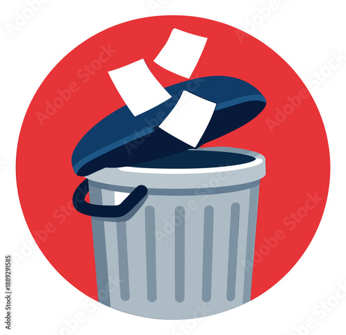 Modern vector illustration of a trash can depicting papers being discarded for waste management