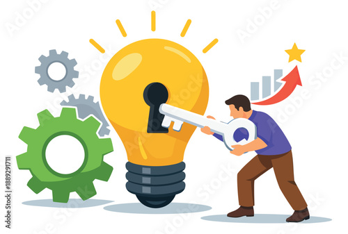 Flat design illustration of a businessman depicting the unlocking of an idea for problem solving and business innovation