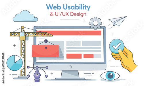 Line art web design and development concepts set featuring a monitor, construction crane, cloud, and UI/UX icons for website usability and user experience