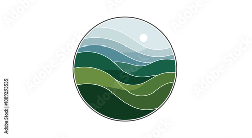 Illustration of a stylized landscape with rolling hills and a moon in a circular frame.