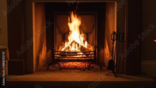 Cozy fireplace with burning logs, armchair, and steaming mug