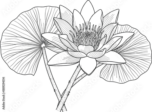 Detailed black and white line art illustration of a blooming lotus flower with large lily pads representing zen meditation, yoga, and botanical nature design.