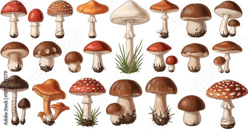 Diverse Mushroom Collection Vector Set Featuring Fly Agaric Chanterelle and Boletus Fungi Varieties for Autumn Forest Nature Design Foraging Guide and Botanical Education Illustration