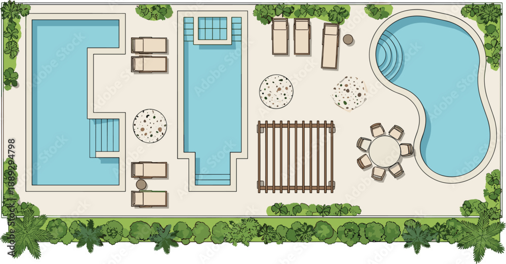 Fototapeta premium Modern Backyard Landscape Architecture Plan Top View with Swimming Pools Patio Furniture Pergola and Tropical Garden Design Illustration for Residential Real Estate and Outdoor Living Projects