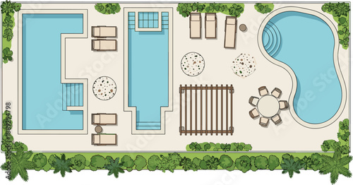 Modern Backyard Landscape Architecture Plan Top View with Swimming Pools Patio Furniture Pergola and Tropical Garden Design Illustration for Residential Real Estate and Outdoor Living Projects