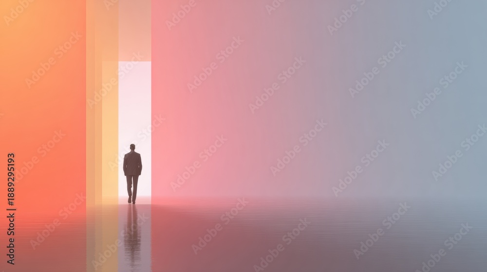 Fototapeta premium A figure stands looking into a light gradient in a modern abstract space. The scene reflects the theme of business strategy and planning.